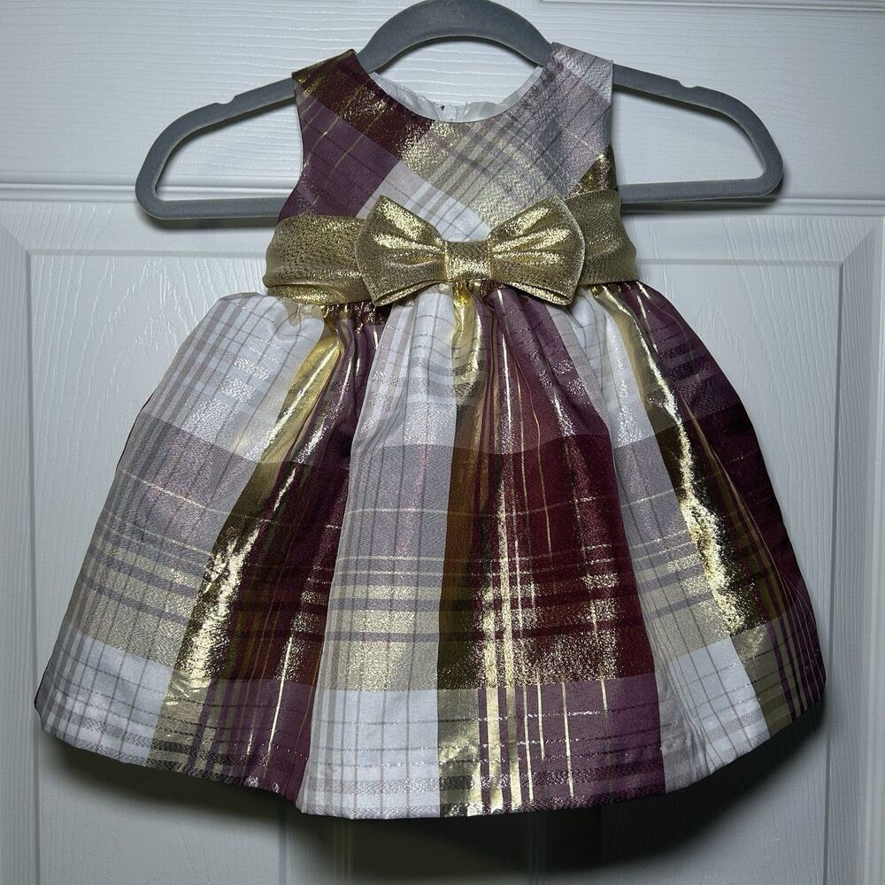 Bonnie Baby Girl’s Sleeveless Metallic Plaid Bow Dress Size 3-6 Months NWOT